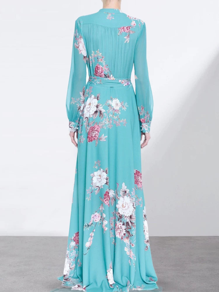 BLUE FLORAL V-NECK LONG SLEEVE MAXI DRESS