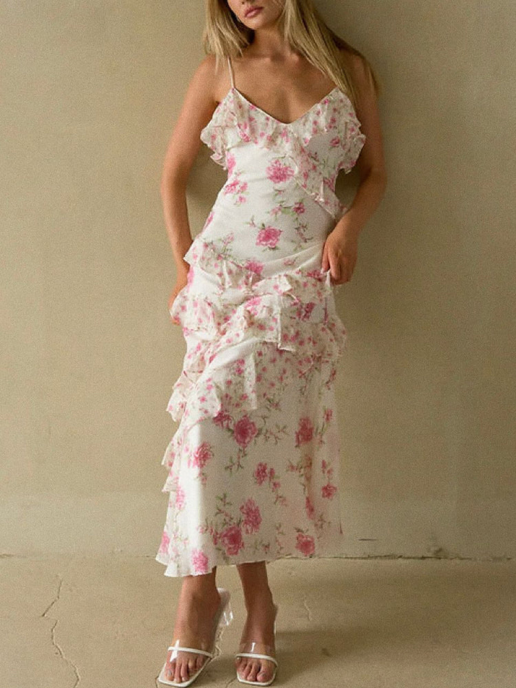 PINK FLORAL RUFFLE TIERED MAXI DRESS FOR SUMMER
