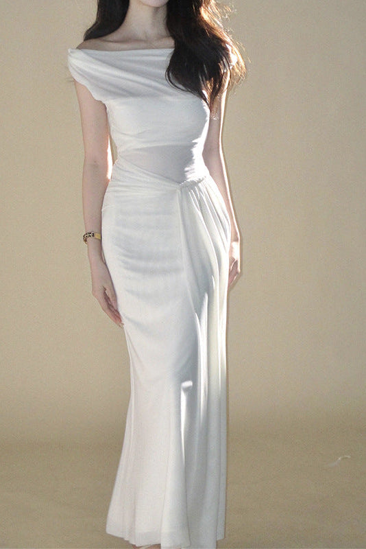 WHITE OFF-SHOULDER DRAPED MAXI DRESS FOR PARTY