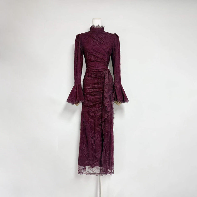 VICTORIA BURGUNDY LONG LANTERN SLEEVE LACE-TRIM MAXI DRESS