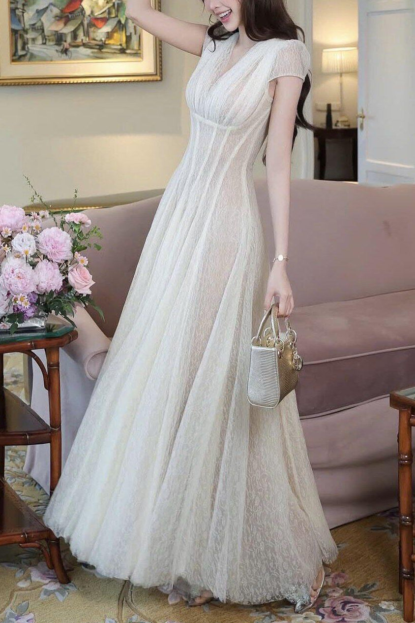 GLITTER TULLE V-NECK EMPIRE MAXI DRESS FOR EVENTS