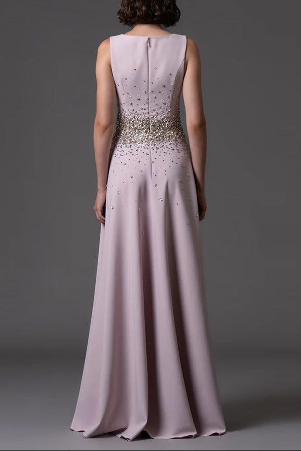 PINK BEADED RHINESTONE SLEEVELESS MAXI DRESS