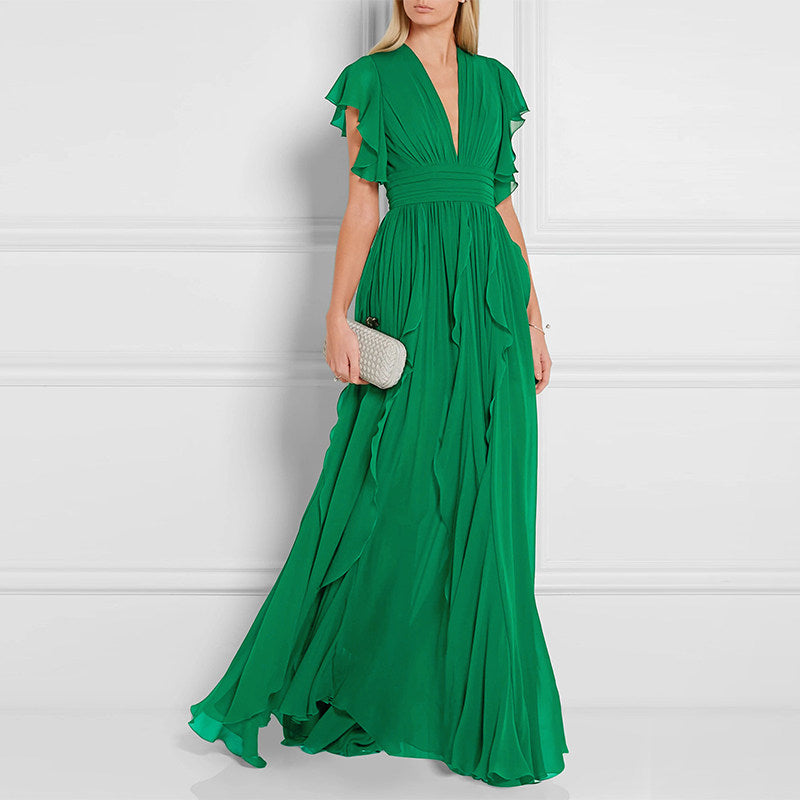 GREEN V-NECK RUFFLE MAXI DRESS FOR WEDDING GUEST