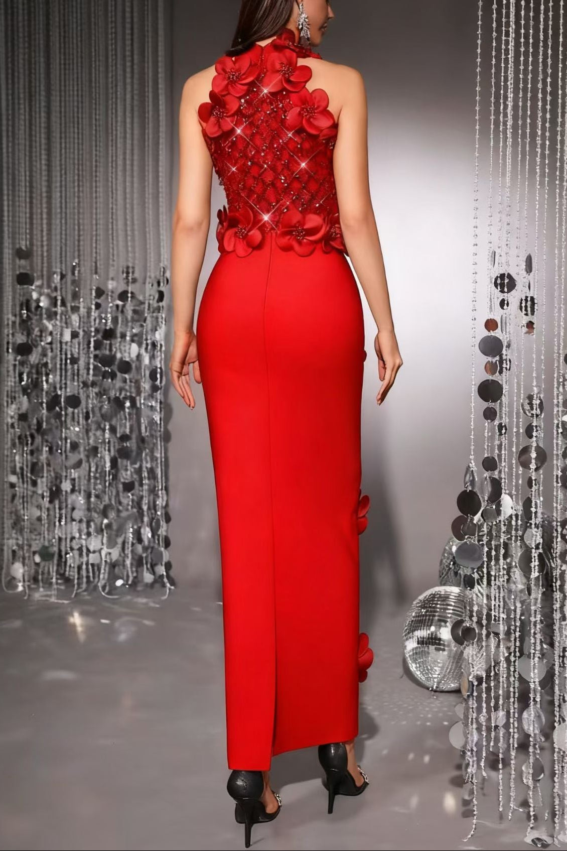 PHOENIX 3D FLOWER SEQUIN HALTER MAXI DRESS, RED