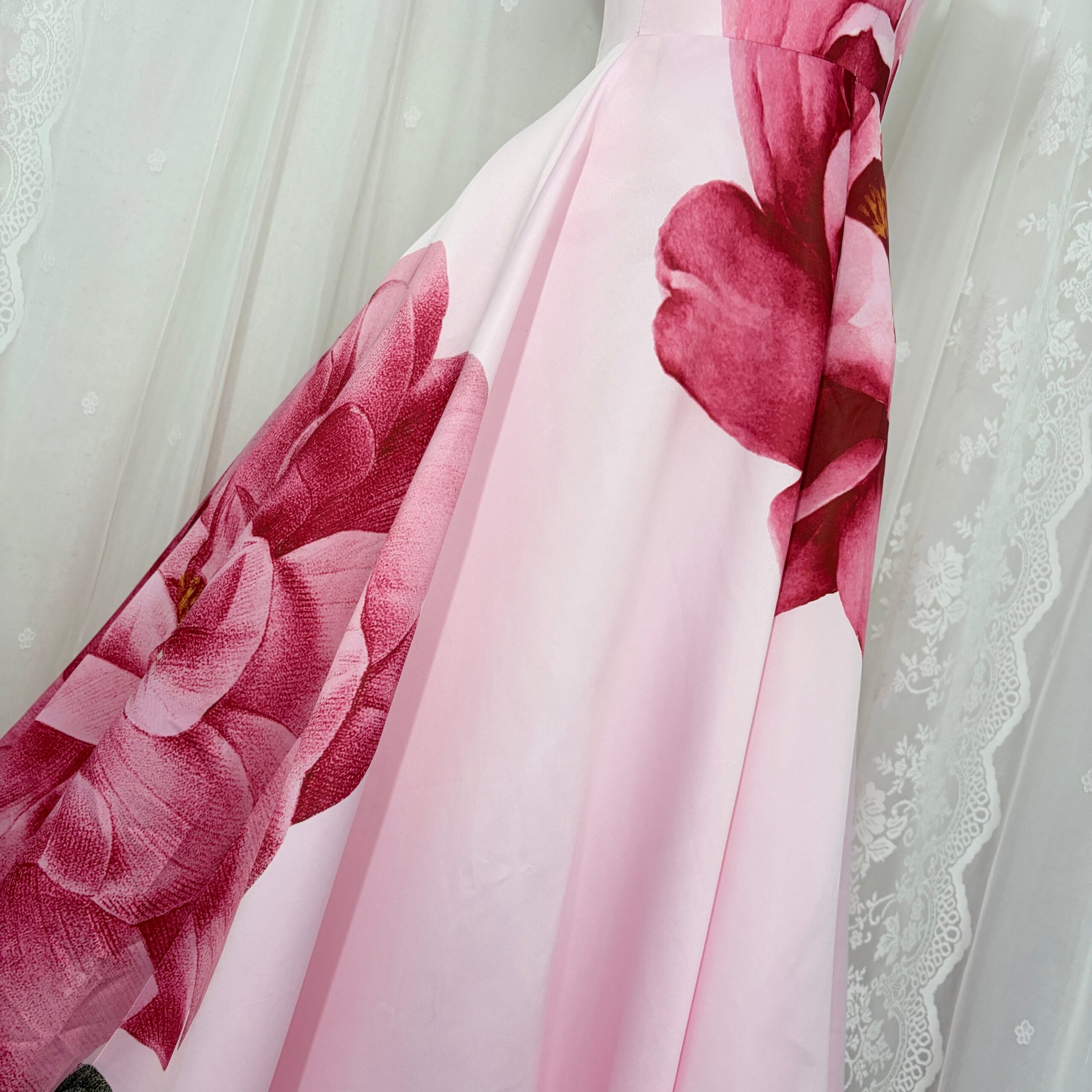 GLAMOROUS PINK STRAPLESS FLORAL SATIN BALL GOWN