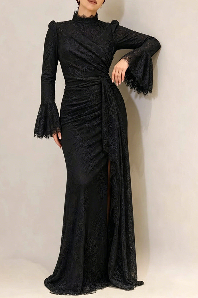 VICTORIA BLACK LACE-TRIM MAXI DRESS - SLEEVELESS LONG
