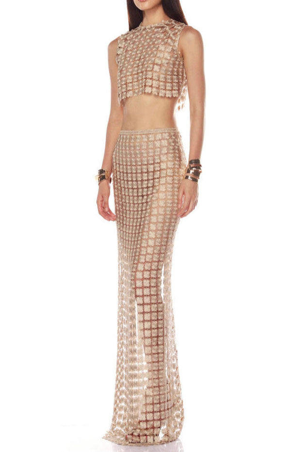 APRICOT SHEER PLAID FISHTAIL MAXI SKIRT SET