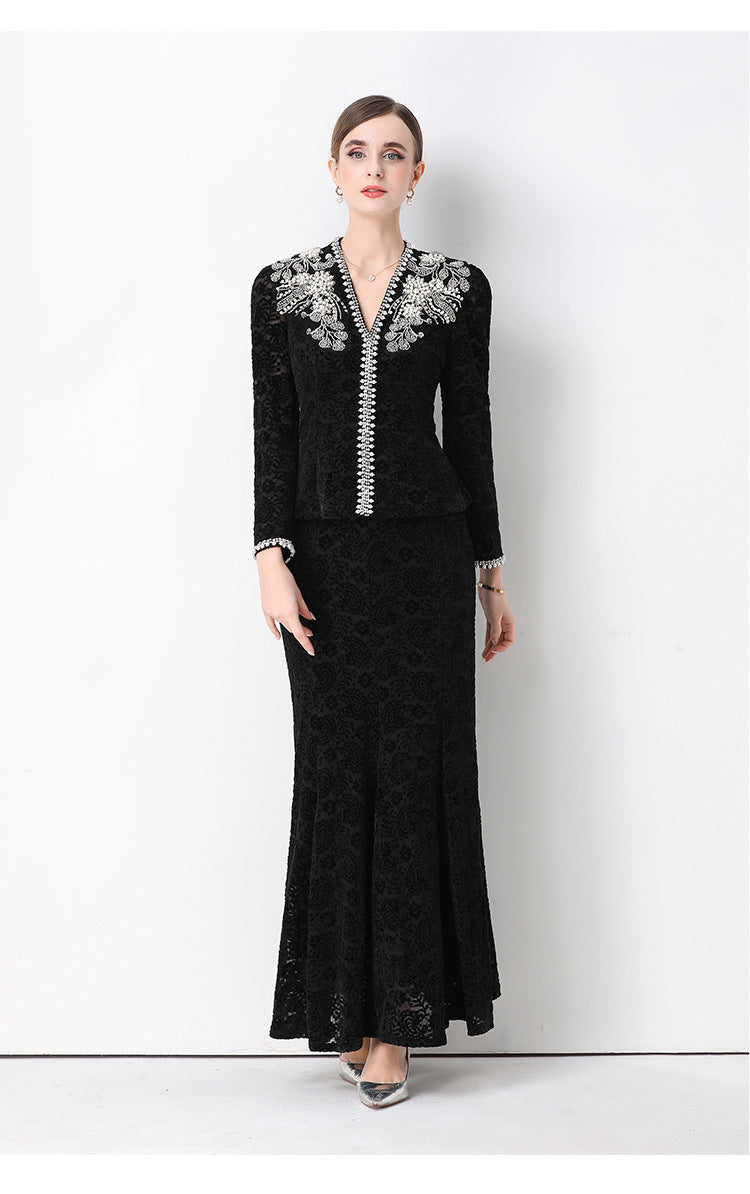 GEORGIA BEADED LACE V-NECK TOP & FISHTAIL SKIRT SET