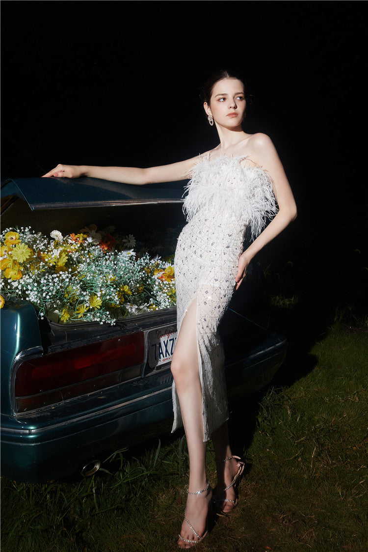 HAUTE COUTURE WHITE FEATHER SEQUIN DRESS