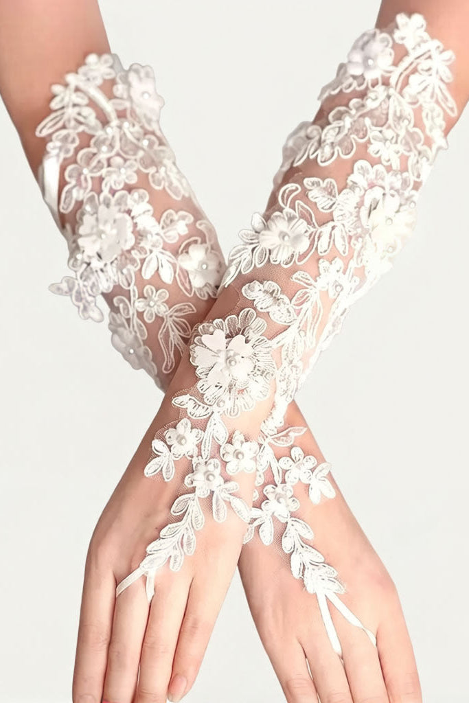 3D FLORAL PEARL LACE BRIDAL FINGERLESS GLOVES