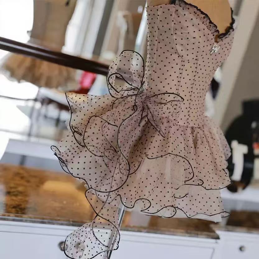 OFF SHOULDER POLKA DOT MESH RUFFLE MINI DRESS