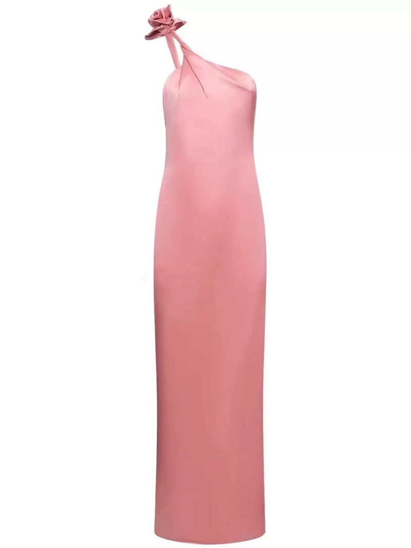 YVONNE ONE-SHOULDER 3D FLOWER SATIN MAXI DRESS PINK