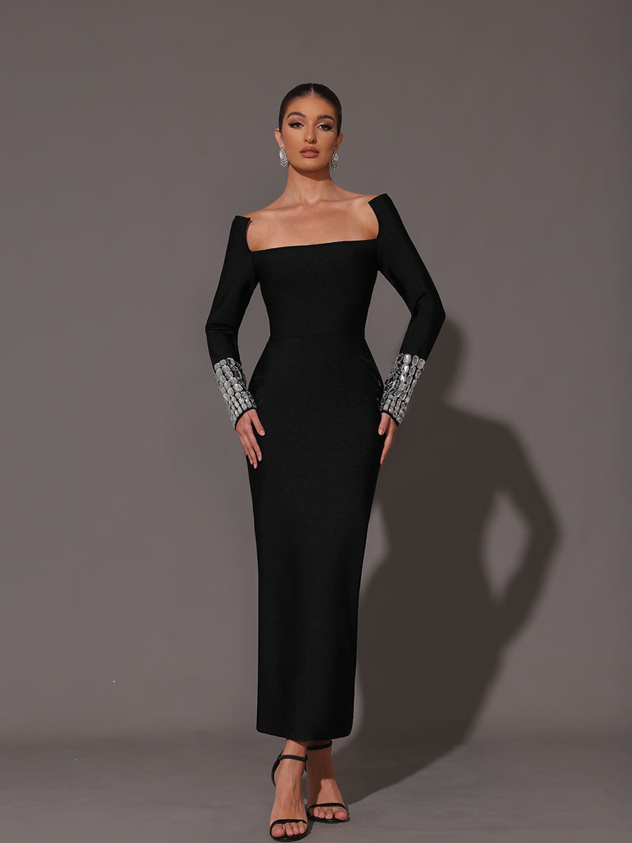 SQUARE NECK BANDAGE MAXI DRESS, BLACK, COCKTAIL