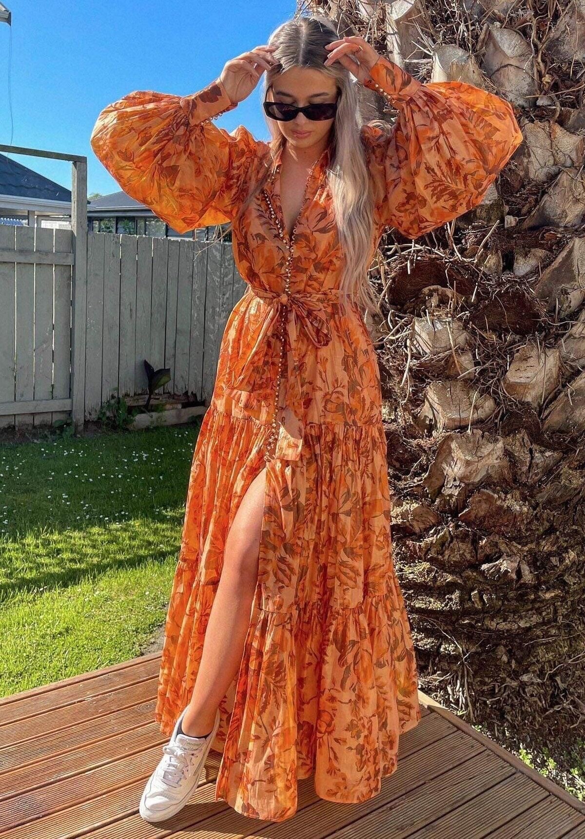 BROWN PRINTED BALLOON SLEEVE MAXI DRESS FOR WOMEN