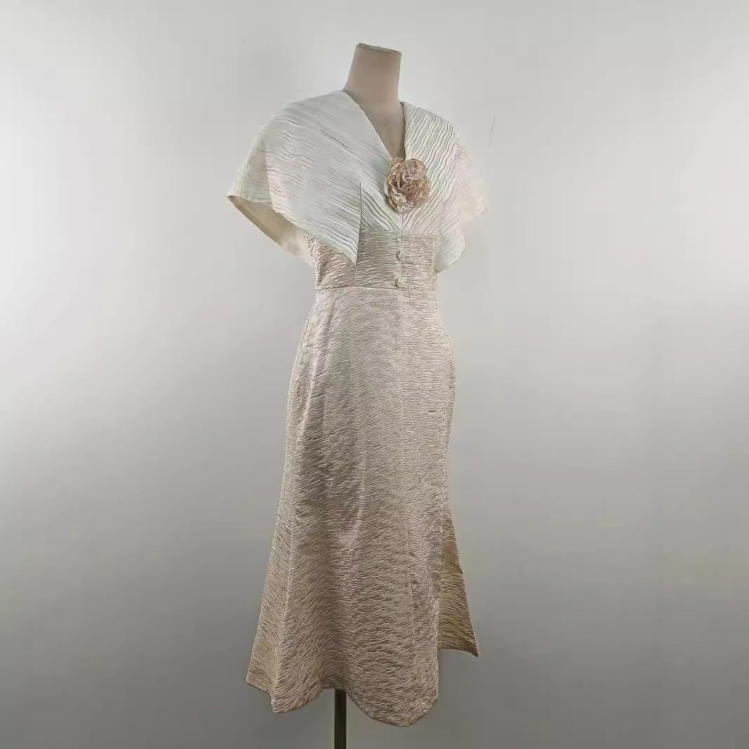 VENUS CHAMPAGNE STITCHED FISHTAIL MIDI DRESS
