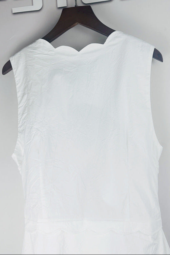 SCALLOP TRIM V-NECK CRINKLED MAXI DRESS ECRU