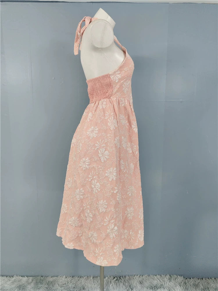PINK JACQUARD HALTERNECK OPEN BACK SWING MIDI DRESS