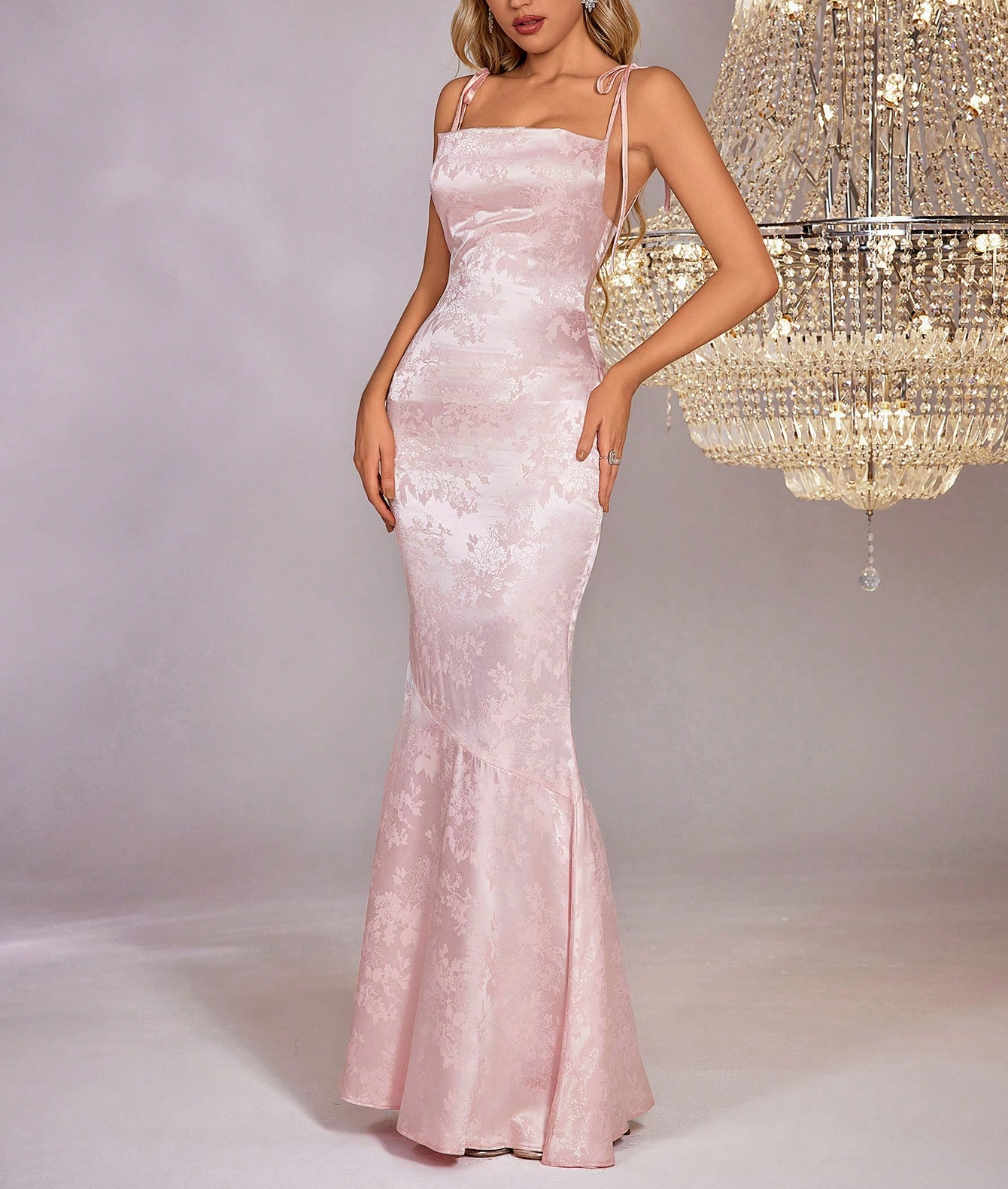 SATIN JACQUARD MERMAID MAXI DRESS, OPEN BACK, SLIM SILHOUETTE