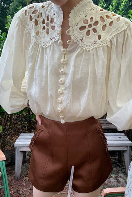 HOLLOW EMBROIDERY COTTON LINEN LONG SLEEVE SHIRT