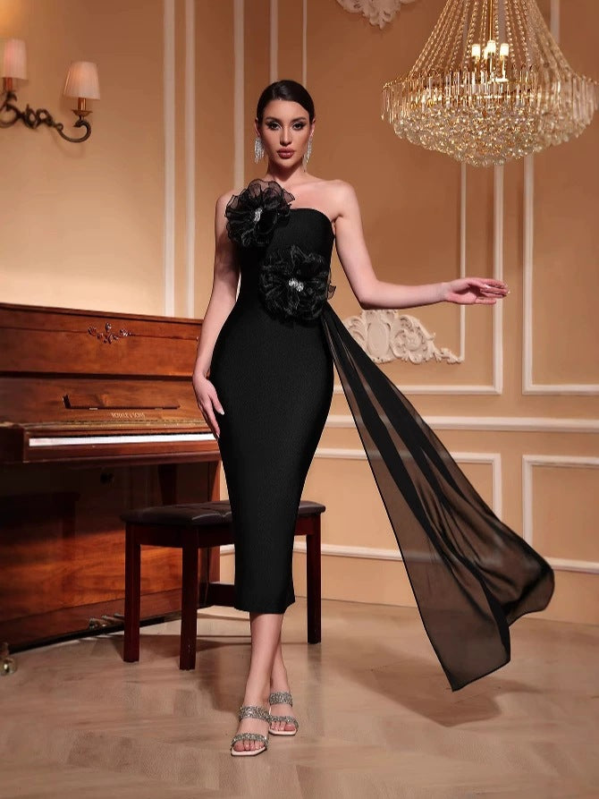 VENUS 3D FLOWER RHINESTONE STRAPLESS BLACK MIDI DRESS