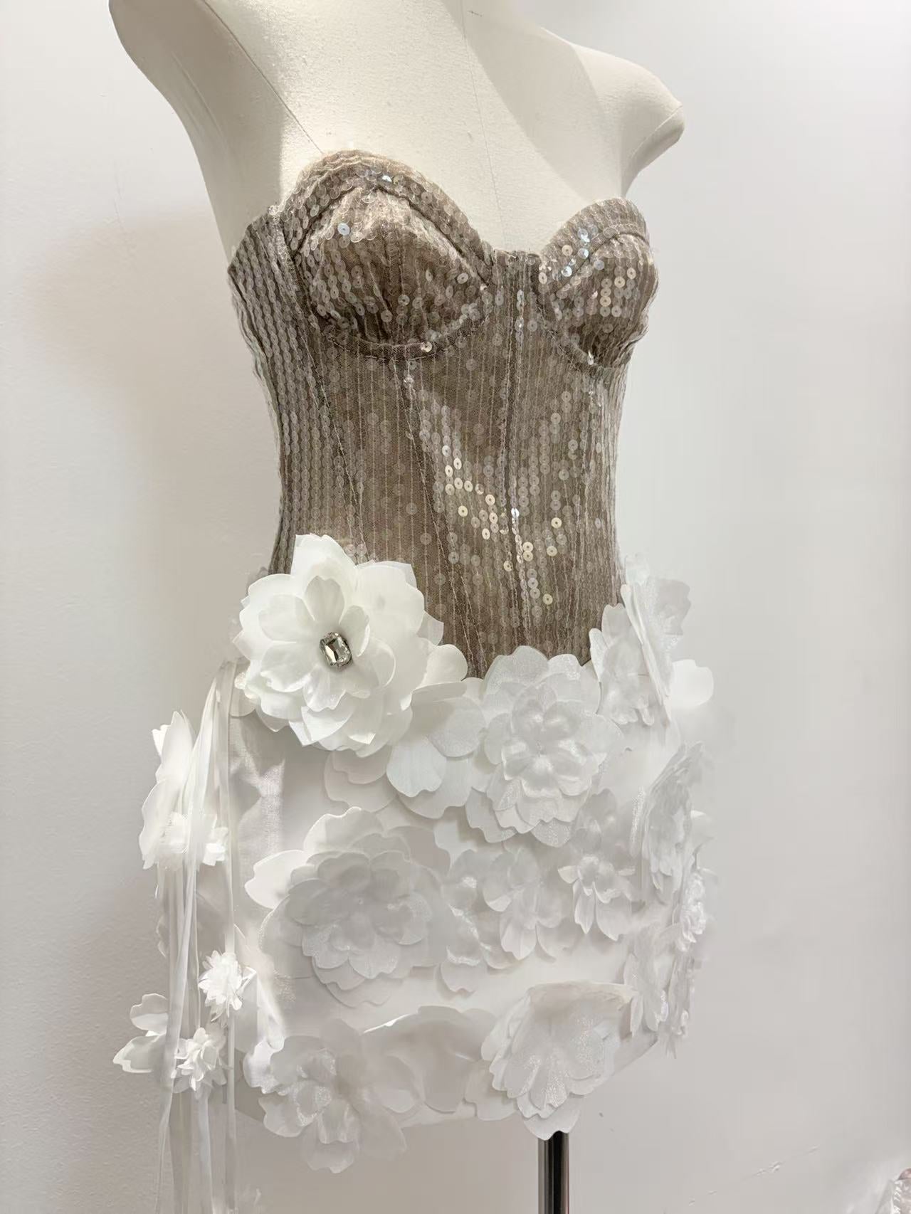 KELLY SEQUIN 3D FLOWER MINI DRESS - CHAMPAGNE WHITE PARTY