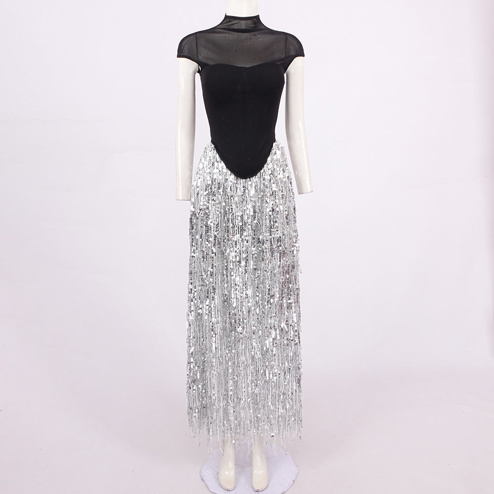 TASSEL SEQUIN BLACK CORSET MAXI DRESS