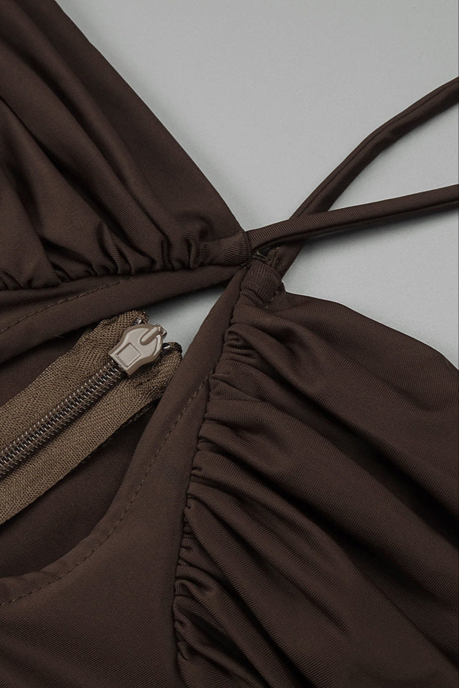 BROWN PLEATED STRAPY DRAPED SLIT MAXI DRESS