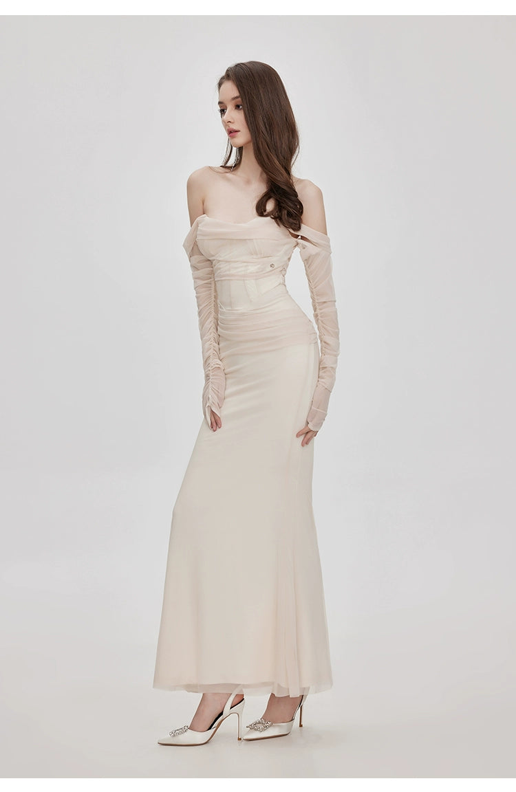 ARIEL APRICOT MESH OFF-SHOULDER MERMAID MAXI DRESS