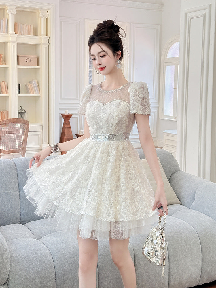 WHITE LACE SEQUIN PUFF SLEEVE MINI DRESS