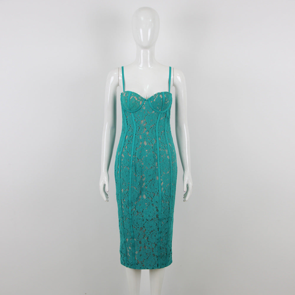 STRAPPY LACE MIDI DRESS FOR WEDDING GUEST