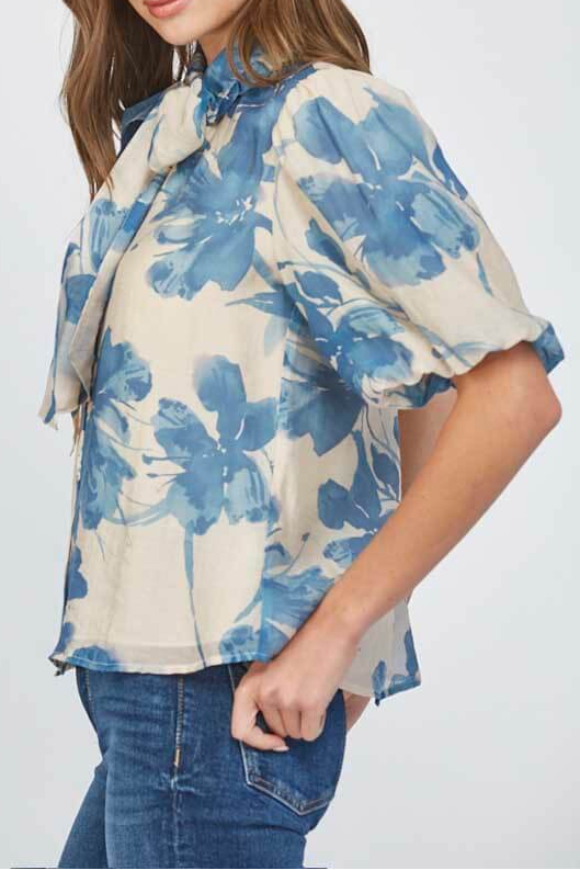 BEIGE & BLUE WATERCOLOR FLORAL BOW BLOUSE FOR WEDDING