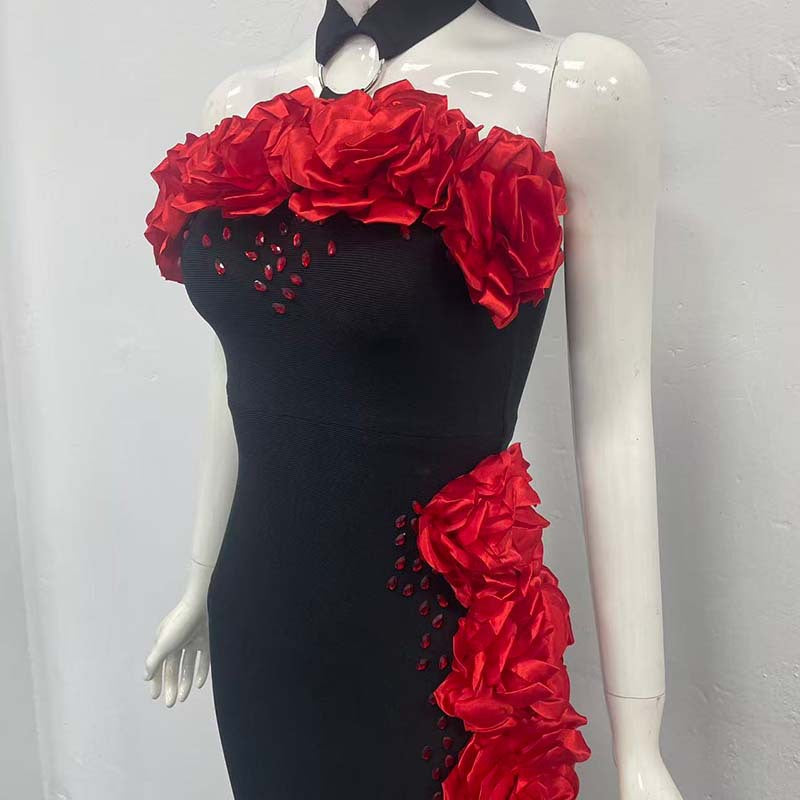 SEBASTIANE HALTERNECK FLORAL BANDAGE MAXI DRESS BLACK