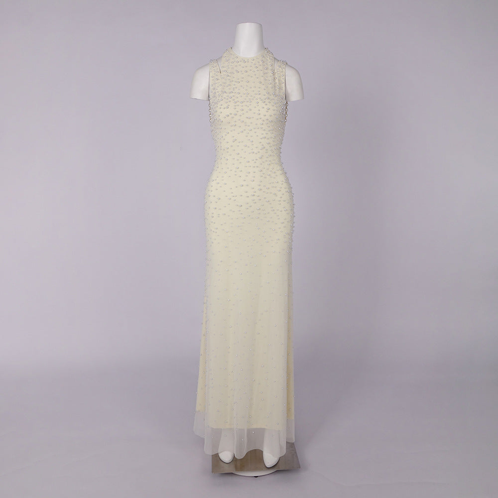 CRYSTAL PEARL TASSEL OFF-SHOULDER FISHTAIL MAXI DRESS FOR WEDDING