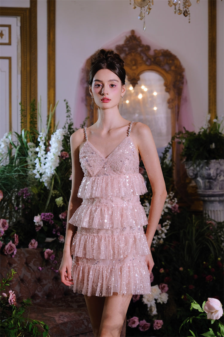 PINK SLEEVELESS SEQUIN RUFFLE SHORT PARTY DRESS