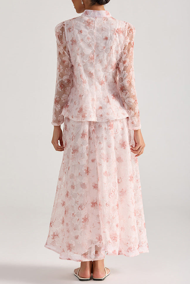 REBECCA PINK FLORAL EMBROIDERED LONG SLEEVE TOP SKIRT SET