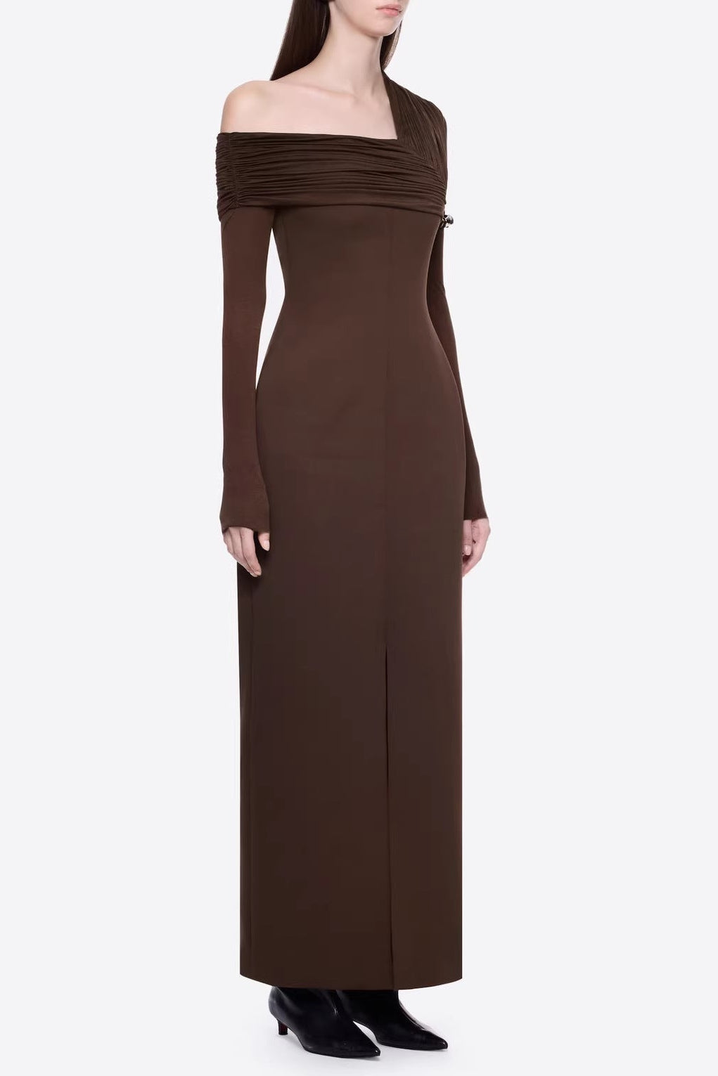 MAUD ONE-SHOULDER PLEATED MAXI DRESS BROWN