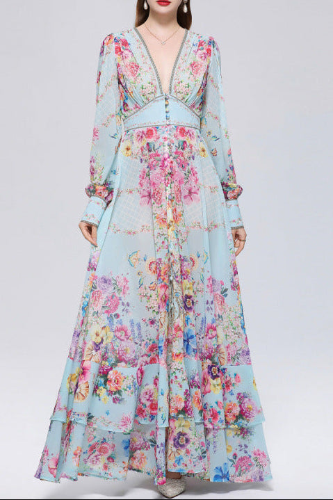 XAVIERA A-LINE PRINTED MAXI DRESS IN CHIFFON MESH