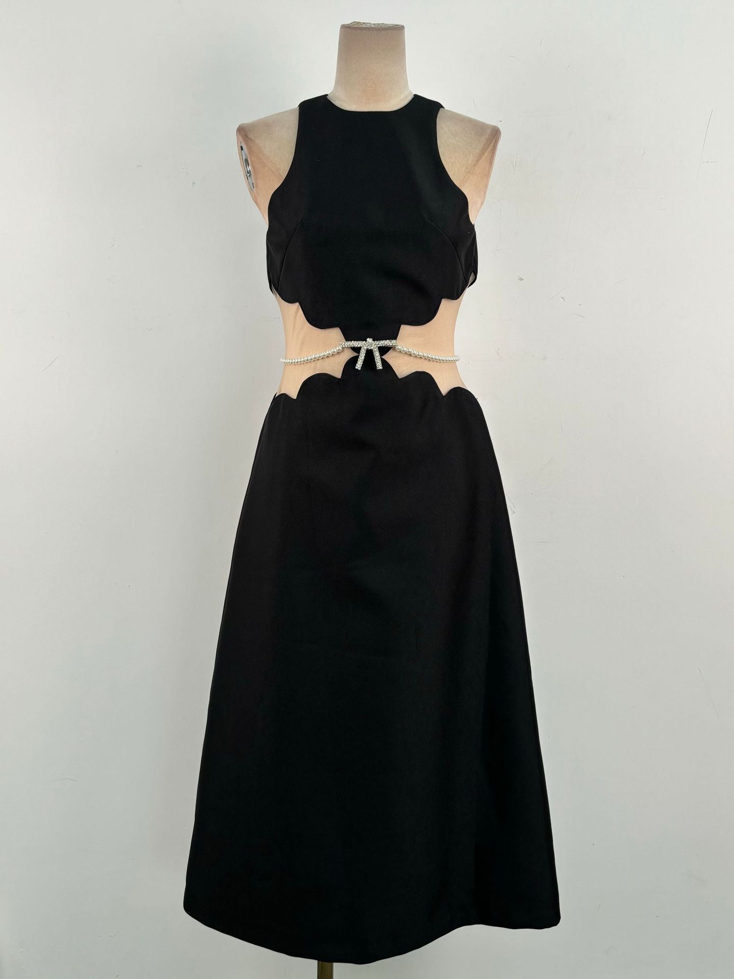 ANILA PEARL CHAIN MIDI DRESS, BLACK