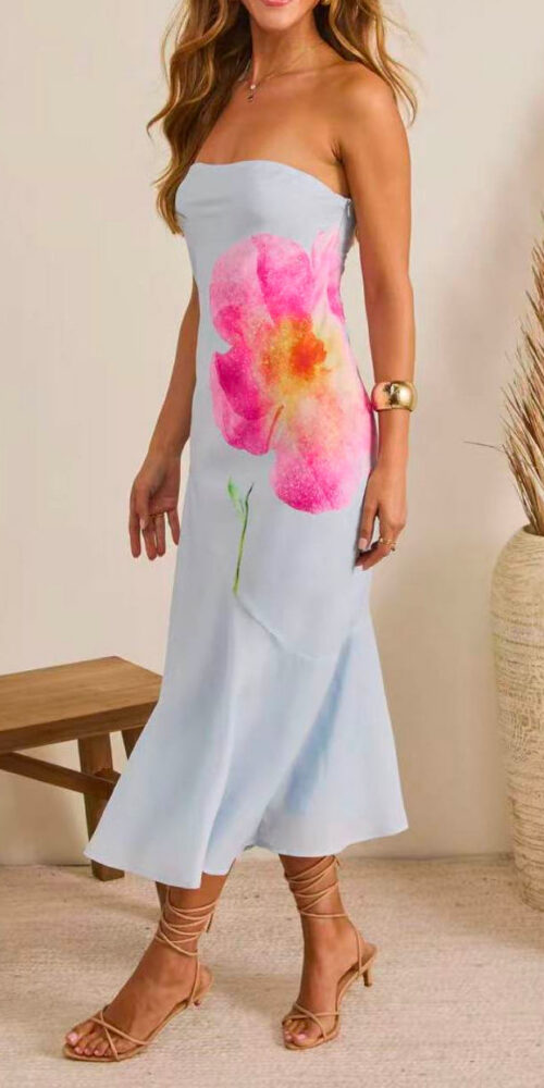 Light Blue Floral Print Strapless Midi Dress Light Blue Floral Print Strapless Midi Dress