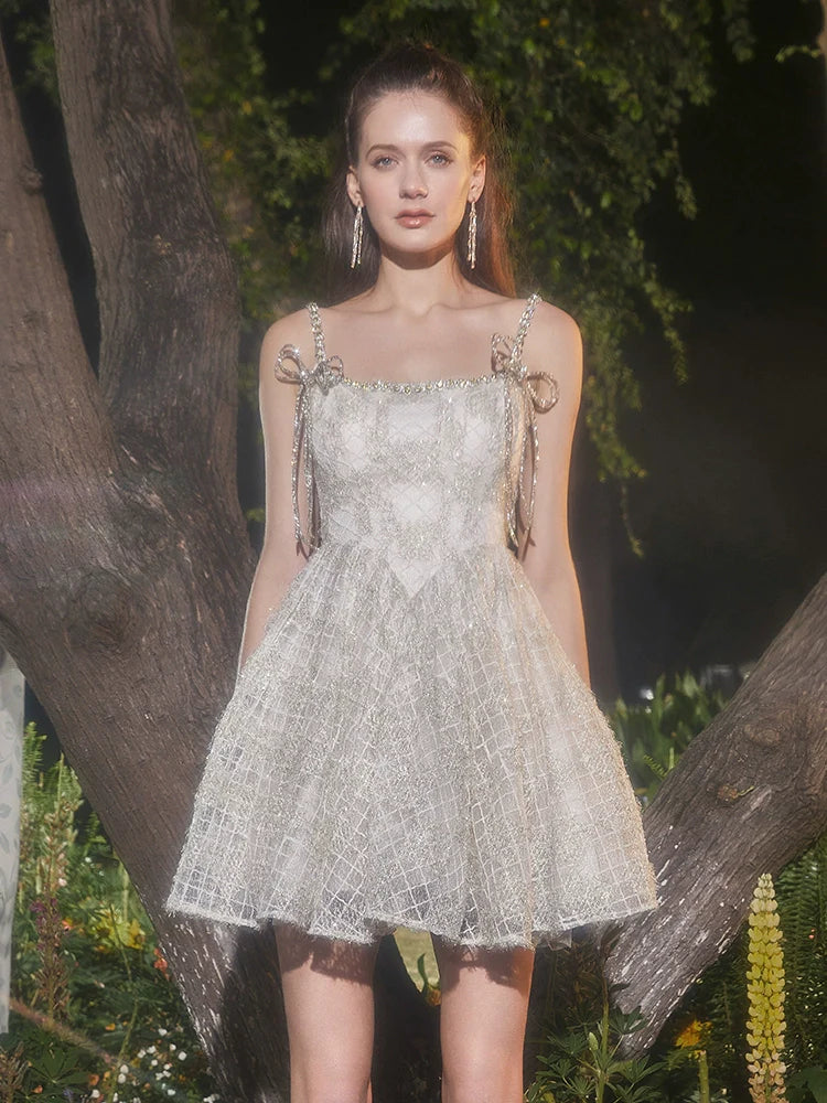 BEIGE SQUARE NECK LACE SLEEVELESS COCKTAIL DRESS