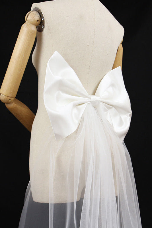 OVERSIZED WHITE SATIN BACK BOW WEDDING SASH WITH TULLE TRAIN