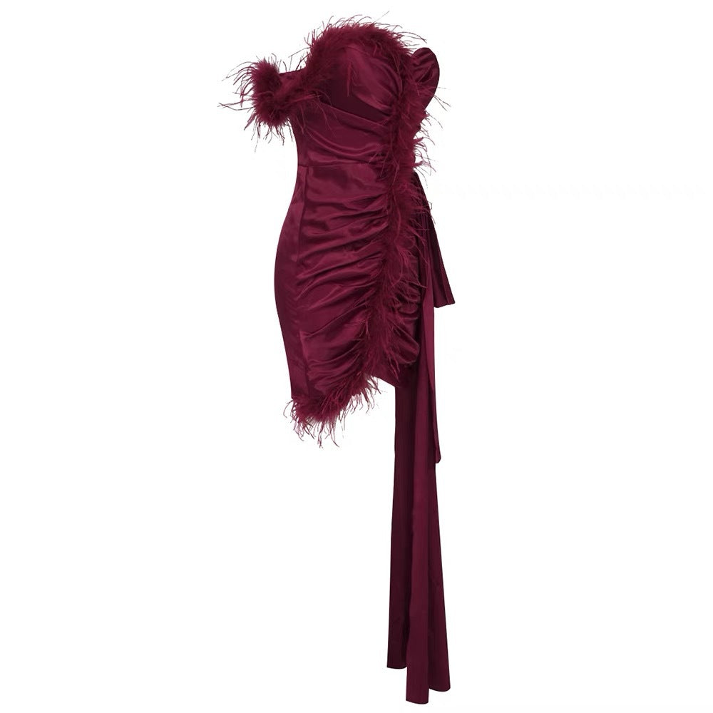 BURGUNDY FEATHER STRAPLESS MINI DRESS, PARTY
