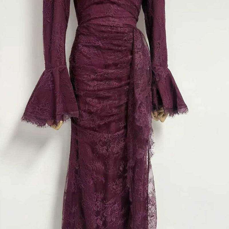 VICTORIA BURGUNDY LONG LANTERN SLEEVE LACE-TRIM MAXI DRESS