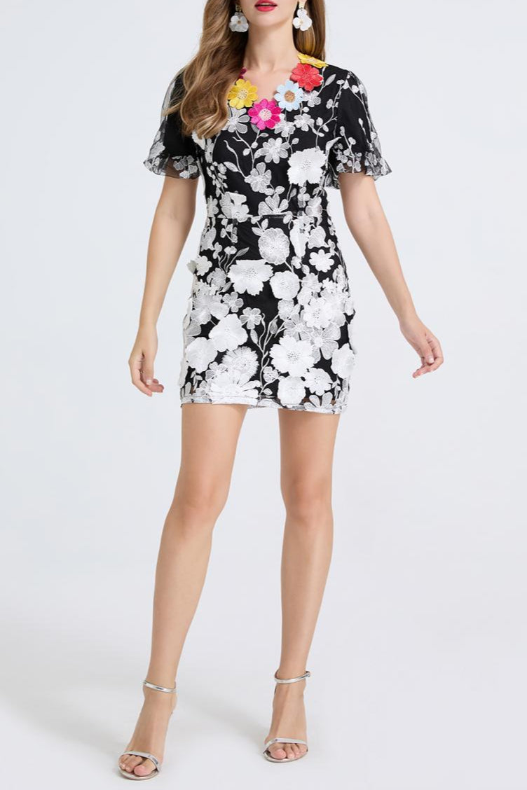 LETITIA 3D FLORAL MINI DRESS - BLACK COCKTAIL
