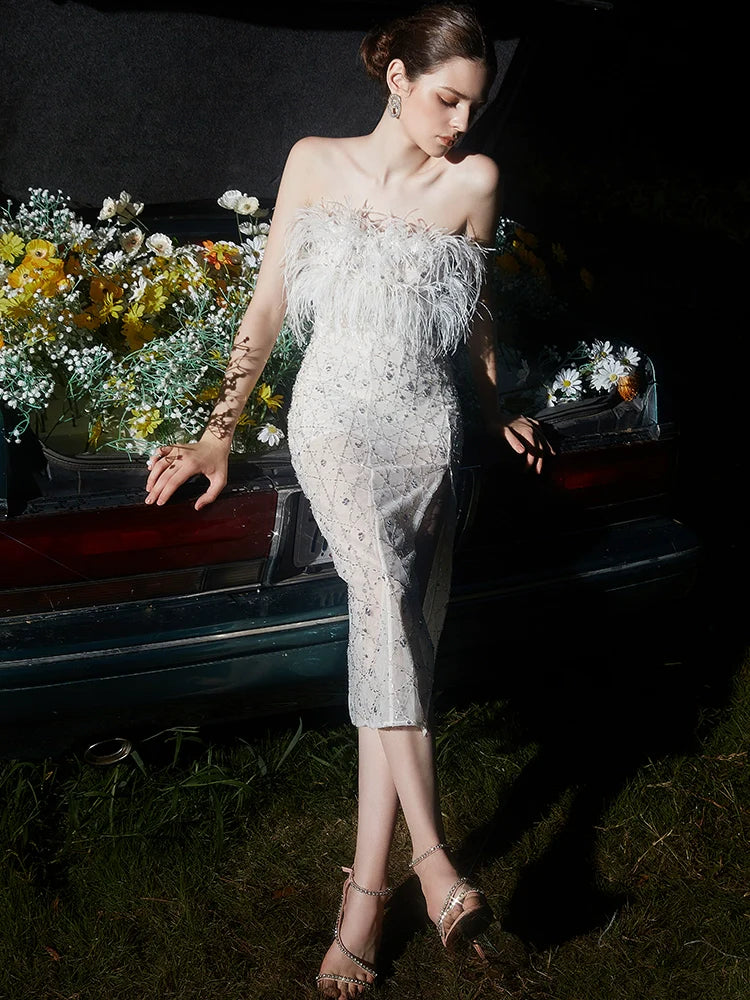 HAUTE COUTURE WHITE FEATHER SEQUIN DRESS
