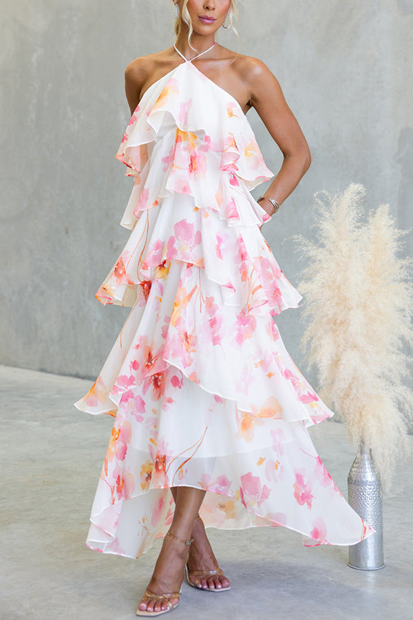FLORAL RUFFLE HALTER MIDI DRESS - PINK