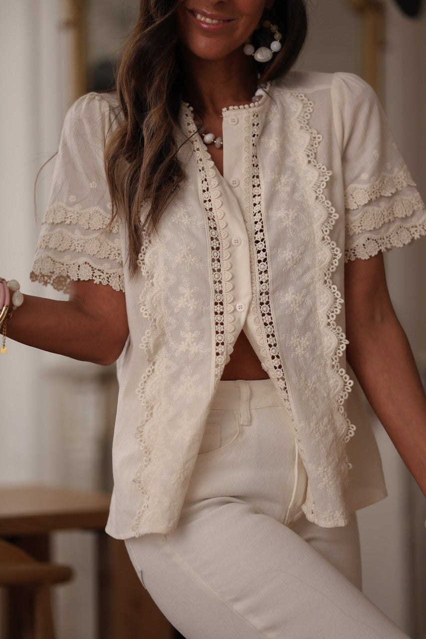 CLASSIC LACE EMBROIDERED SHORT SLEEVE BLOUSE