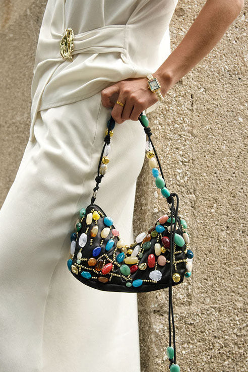 BEADED CRESCENT SHOULDER BAG – COLORFUL STONE EVENING PURSE