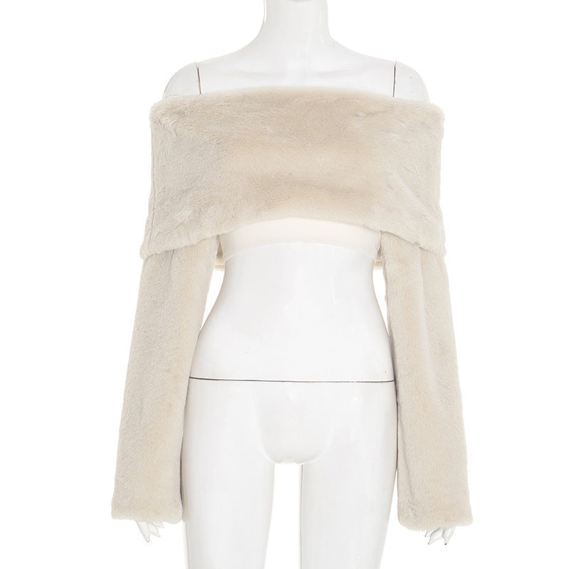VERNA FAUX FUR OFF-SHOULDER TOP, BEIGE, EVENING