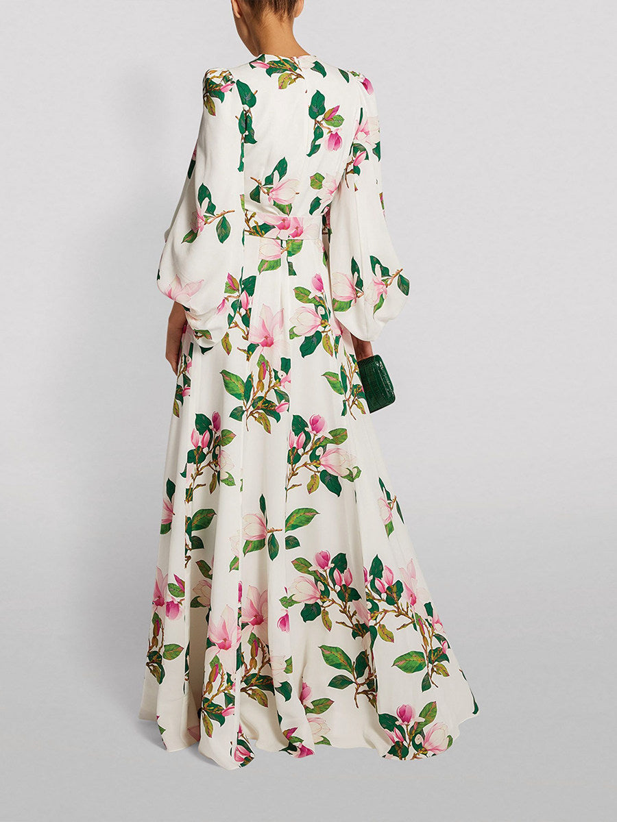 WHITE FLORAL SATIN MAXI DRESS WITH BALLOON SLEEVES